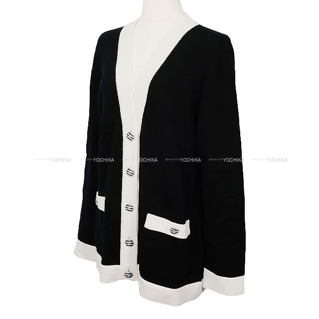 2024SS CHANEL Cardigan Border COCO Button Bicolor Knit Noir (Black)/Blanc (White) Cashmere100% #38 P76430[EXCELLENT][Authentic]