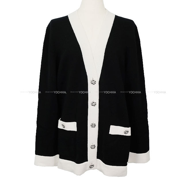 2024SS CHANEL Cardigan Border COCO Button Bicolor Knit Noir (Black)/Blanc (White) Cashmere100% #38 P76430[EXCELLENT][Authentic]