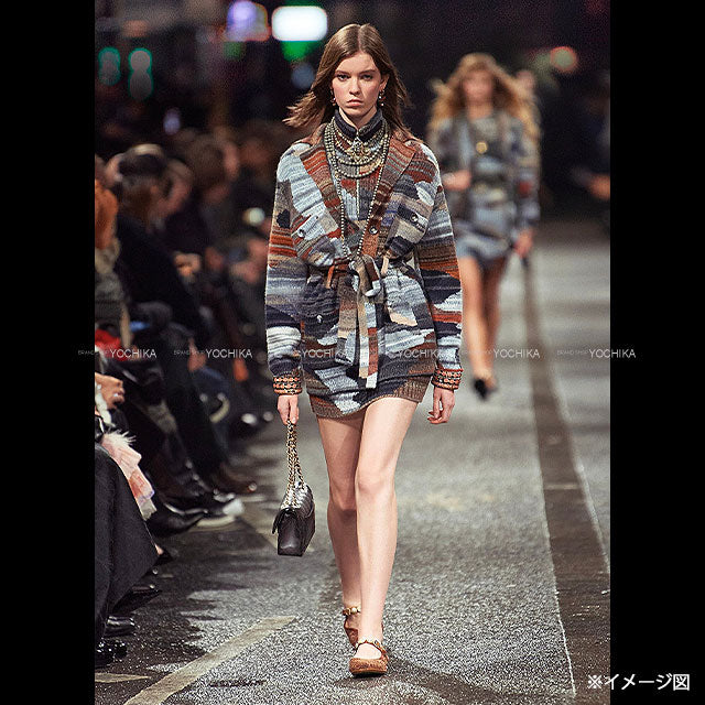 2023 Metiers d'Art CHANEL Cardigan COCO Button Double Pocket Belted Gown Grey Wool/Acrylic/Cashmere #38 P77502[EXCELLENT][Authentic]