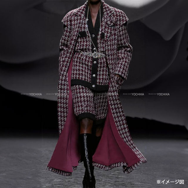 2023 Metiers d'Art Collection CHANEL Cardigan COCO button houndstooth long knit Bordeaux/Grey/Noir (Black) Cashmere/Wool #38 P76138[EXCELLENT][Authentic]