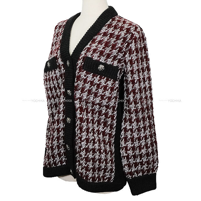 2023 Metiers d'Art Collection CHANEL Cardigan COCO button houndstooth long knit Bordeaux/Grey/Noir (Black) Cashmere/Wool #38 P76138[EXCELLENT][Authentic]