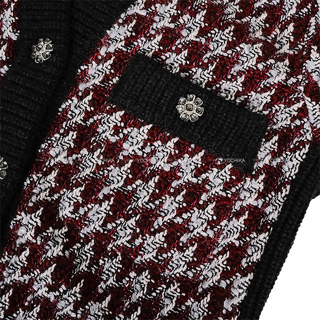 2023 Metiers d'Art Collection CHANEL Cardigan COCO button houndstooth long knit Bordeaux/Grey/Noir (Black) Cashmere/Wool #38 P76138[EXCELLENT][Authentic]