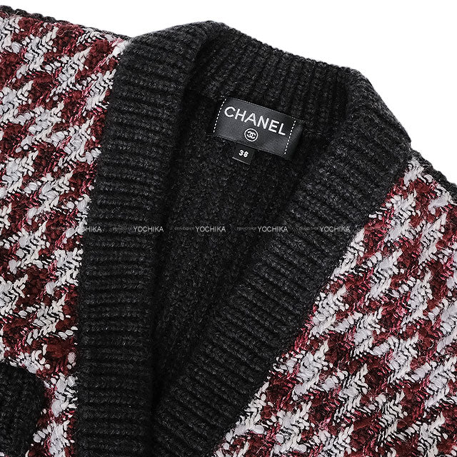 2023 Metiers d'Art Collection CHANEL Cardigan COCO button houndstooth long knit Bordeaux/Grey/Noir (Black) Cashmere/Wool #38 P76138[EXCELLENT][Authentic]