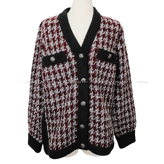 2023 Metiers d'Art Collection CHANEL Cardigan COCO button houndstooth long knit Bordeaux/Grey/Noir (Black) Cashmere/Wool #38 P76138[EXCELLENT][Authentic]