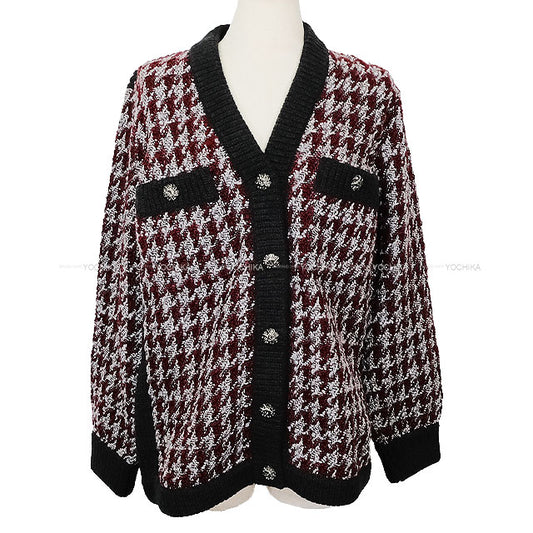 2023 Metiers d'Art Collection CHANEL Cardigan COCO button houndstooth long knit Bordeaux/Grey/Noir (Black) Cashmere/Wool #38 P76138[EXCELLENT][Authentic]