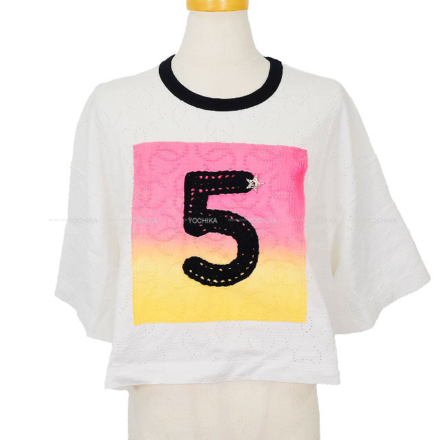 2024 Cruise Collection CHANEL Short sleeve t shirt Crochet No.5 star COCO mark Blanc (White)/Noir (Black) Cotton #42/44 P76438[EXCELLENT][Authentic]