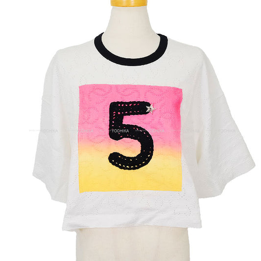 2024 Cruise Collection CHANEL Short sleeve t shirt Crochet No.5 star COCO mark Blanc (White)/Noir (Black) Cotton #42/44 P76438[EXCELLENT][Authentic]