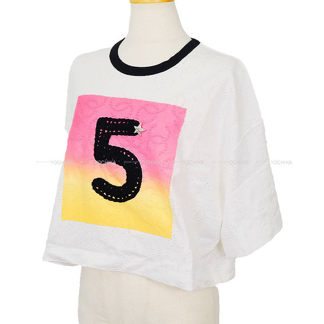 2024 Cruise Collection CHANEL Short sleeve t shirt Crochet No.5 star COCO mark Blanc (White)/Noir (Black) Cotton #42/44 P76438[EXCELLENT][Authentic]