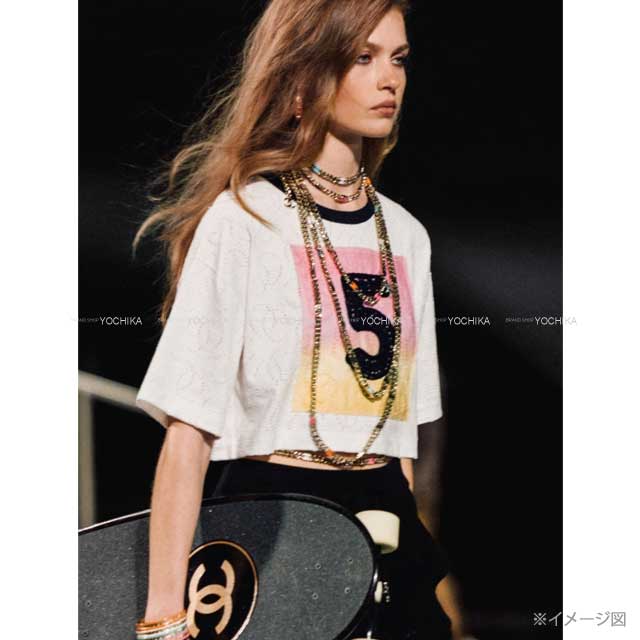 2024 Cruise Collection CHANEL Short sleeve t shirt Crochet No.5 star COCO mark Blanc (White)/Noir (Black) Cotton #42/44 P76438[EXCELLENT][Authentic]