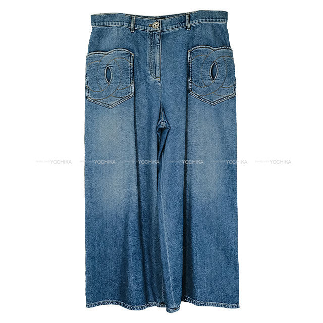 2024 Pre-Collection CHANEL Denim Pants COCO mark Pocket Wide Jeans Blue Cotton #42 P76748[EXCELLENT][Authentic]