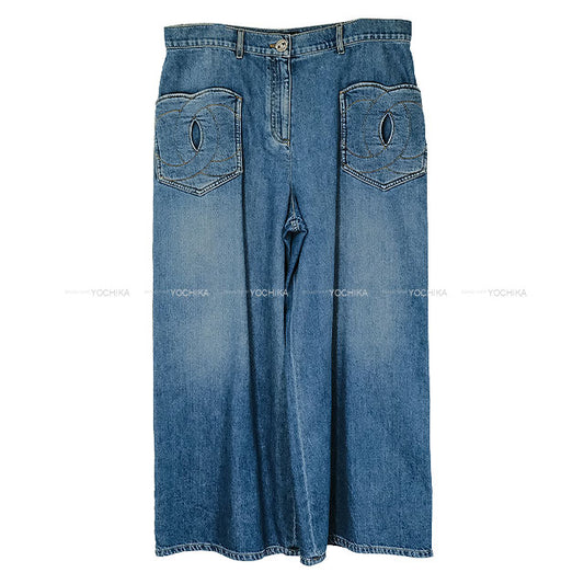2024 Pre-Collection CHANEL Denim Pants COCO mark Pocket Wide Jeans Blue Cotton #42 P76748[EXCELLENT][Authentic]