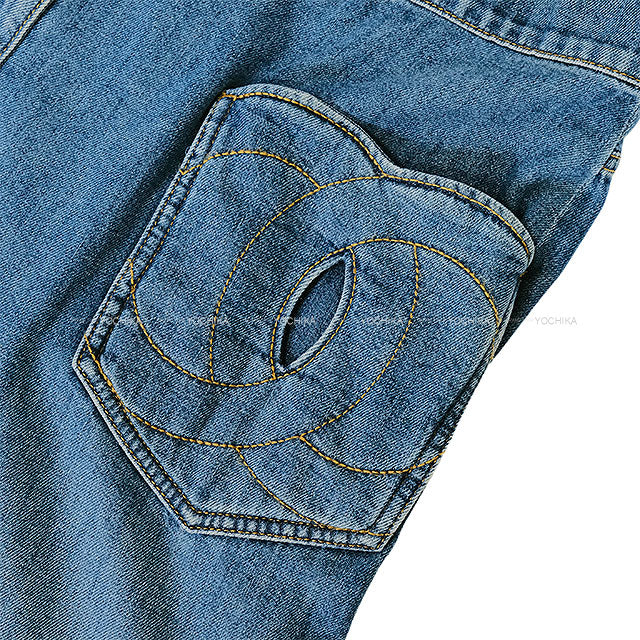 2024 Pre-Collection CHANEL Denim Pants COCO mark Pocket Wide Jeans Blue Cotton #42 P76748[EXCELLENT][Authentic]