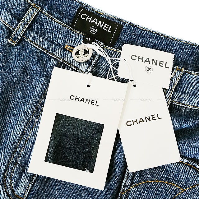 2024 Pre-Collection CHANEL Denim Pants COCO mark Pocket Wide Jeans Blue Cotton #42 P76748[EXCELLENT][Authentic]