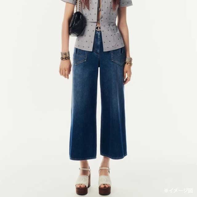 2024 Pre-Collection CHANEL Denim Pants COCO mark Pocket Wide Jeans Blue Cotton #42 P76748[EXCELLENT][Authentic]