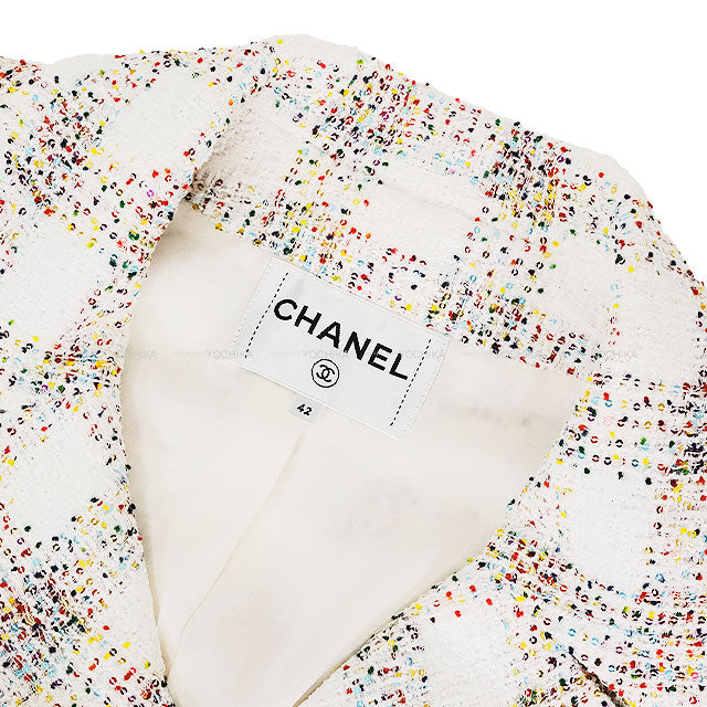 2024SS CHANEL Tailored jacket COCO Button Sequin Glitter Tweed Blanc (White)/Multicolor Nylon/Cotton/Polyester #42 P77288[EXCELLENT][Authentic]