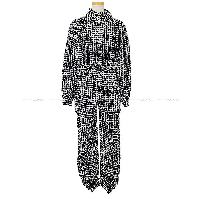 CHANEL Pants Jumpsuit Tweed Blanc (White)/Noir (Black) Reyon/Cotton/Linen #38 P74020[EXCELLENT][Authentic]