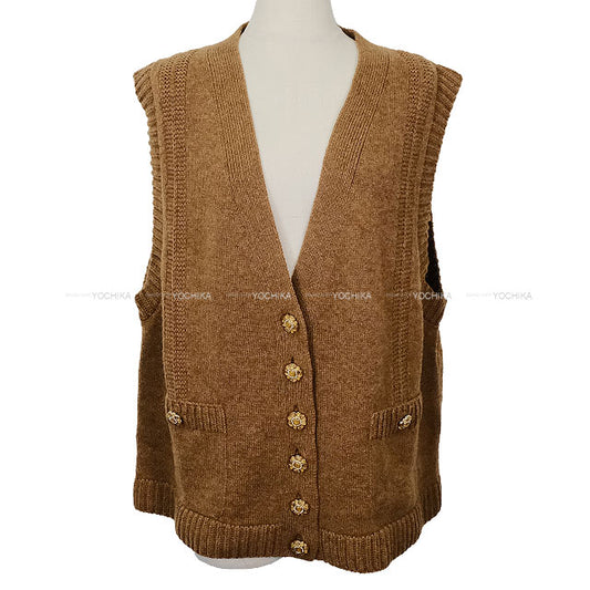 CHANEL Vests Sleeveless V-neck Pocket Flower Motif Button Brown Cashmere /Polyamide #42 P77521[EXCELLENT][Authentic]