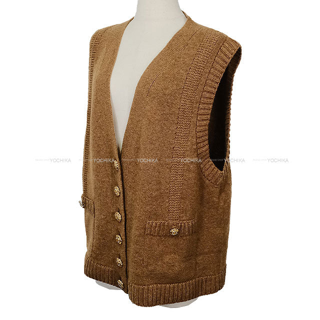 CHANEL Vests Sleeveless V-neck Pocket Flower Motif Button Brown Cashmere /Polyamide #42 P77521[EXCELLENT][Authentic]