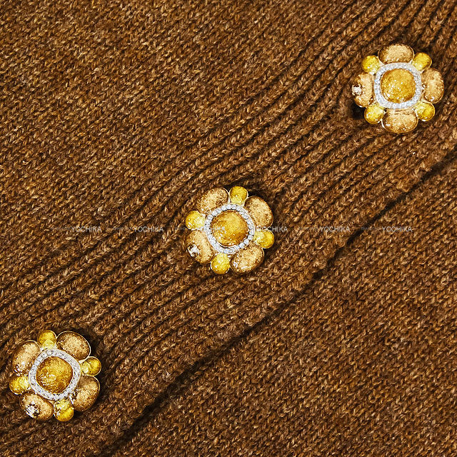 CHANEL Vests Sleeveless V-neck Pocket Flower Motif Button Brown Cashmere /Polyamide #42 P77521[EXCELLENT][Authentic]