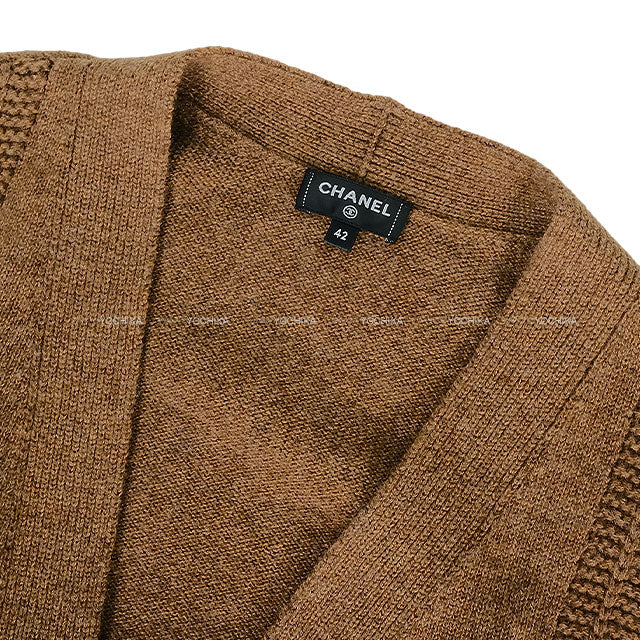 CHANEL Vests Sleeveless V-neck Pocket Flower Motif Button Brown Cashmere /Polyamide #42 P77521[EXCELLENT][Authentic]