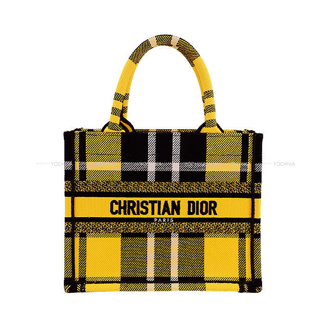 [Pre-loved] 2022AW Dior tote bag Book Tote Small Check'n Dior Yellow/Noir (Black)/Blanc (White) Cotton Canvas 50-MA-0232[LIKE NEW][Authentic]