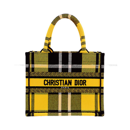 [Pre-loved] 2022AW Dior tote bag Book Tote Small Check'n Dior Yellow/Noir (Black)/Blanc (White) Cotton Canvas 50-MA-0232[LIKE NEW][Authentic]