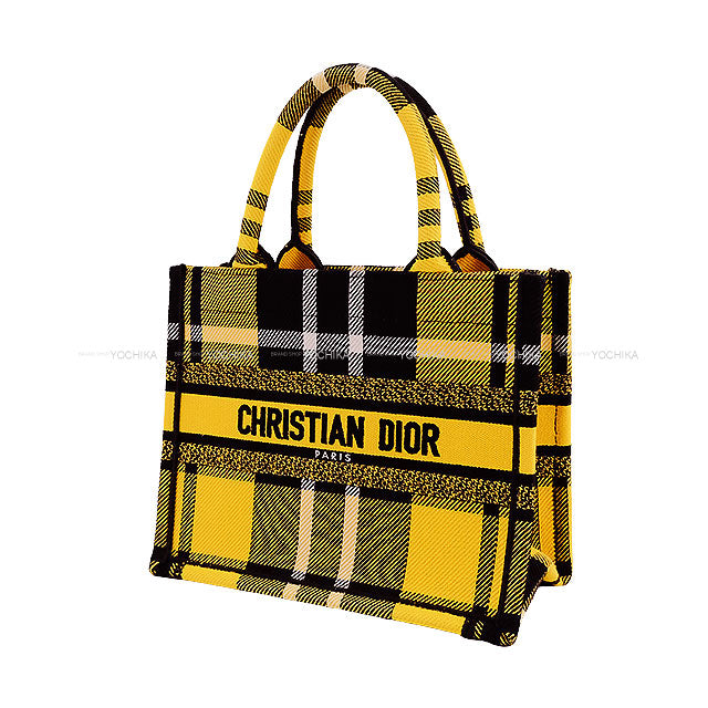 [Pre-loved] 2022AW Dior tote bag Book Tote Small Check'n Dior Yellow/Noir (Black)/Blanc (White) Cotton Canvas 50-MA-0232[LIKE NEW][Authentic]