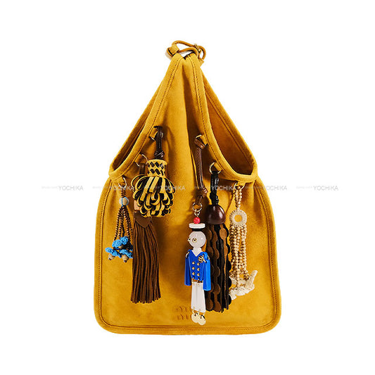 Miu Miu Runway Collection Suede Bag with Charm Mustard Yellow Sheep Leather 5BA295[BRAND NEW][Authentic]