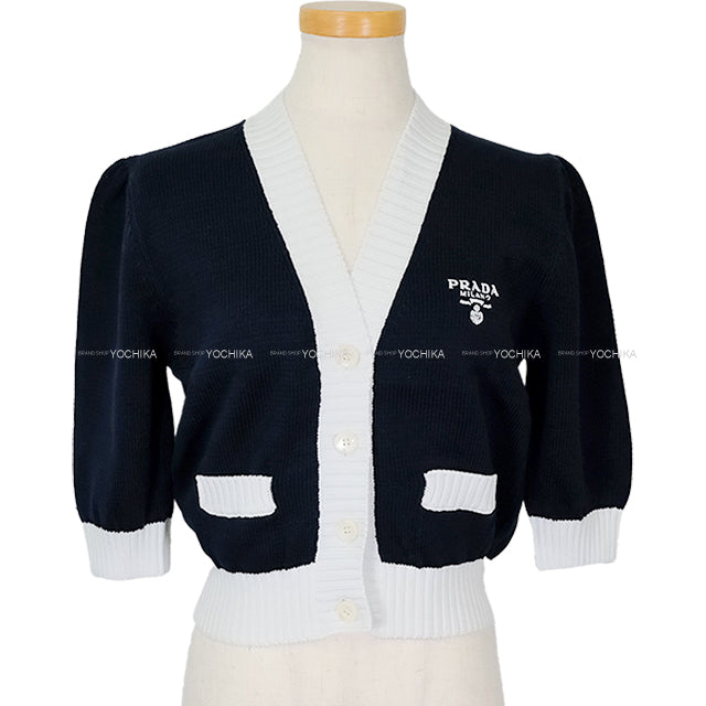 PRADA Cardigan Cropped Logo Navy/Blanc (White) Cotton #38 P25I04[EXCELLENT][Authentic]