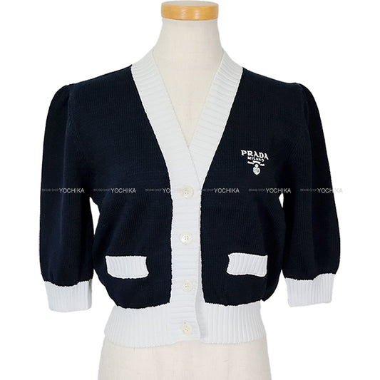 PRADA Cardigan Cropped Logo Navy/Blanc (White) Cotton #38 P25I04[EXCELLENT][Authentic]