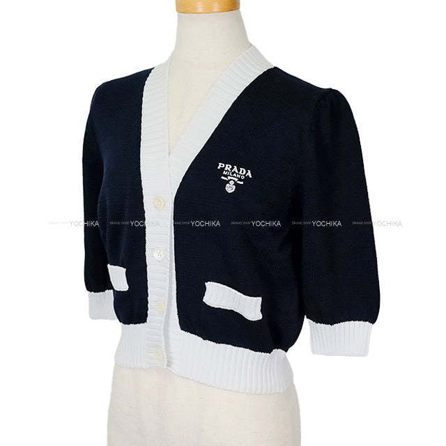 PRADA Cardigan Cropped Logo Navy/Blanc (White) Cotton #38 P25I04[EXCELLENT][Authentic]