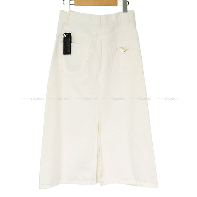PRADA skirt Women's High-Rise Denim Medium Skirt Logo Plaque Blanc (White) Cotton #36 Gold HW[BRAND NEW][Authentic]