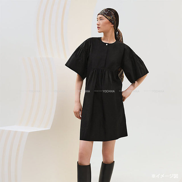 2025 SS NEW HERMES One‐piece dress Bohemian Short Dress Gauze Mosaic H Logo Noir (Black) Cotton #34 Silver HW[BRAND NEW][Authentic]
