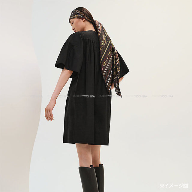 2025 SS NEW HERMES One‐piece dress Bohemian Short Dress Gauze Mosaic H Logo Noir (Black) Cotton #34 Silver HW[BRAND NEW][Authentic]
