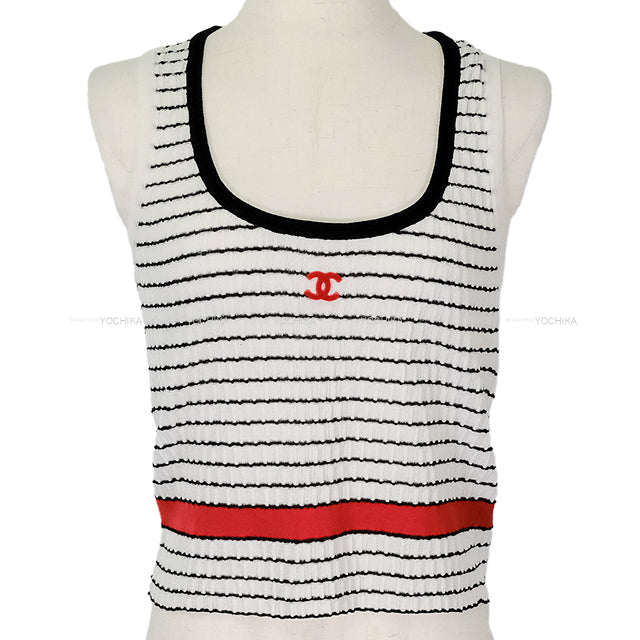 2024 Pre Collection CHANEL Tank top COCO Mark Stripe Blanc (White)/Noir (Black)/Red Cotton/Polyamide #36 P76858[EXCELLENT][Authentic]