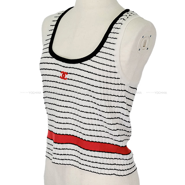 2024 Pre Collection CHANEL Tank top COCO Mark Stripe Blanc (White)/Noir (Black)/Red Cotton/Polyamide #36 P76858[EXCELLENT][Authentic]