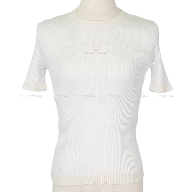 CHANEL Knit Short-Sleeve COCO Mark Blanc (White) Cotton/Reyon #36 P78665[BRAND NEW][Authentic]