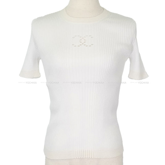 CHANEL Knit Short-Sleeve COCO Mark Blanc (White) Cotton/Reyon #36 P78665[BRAND NEW][Authentic]