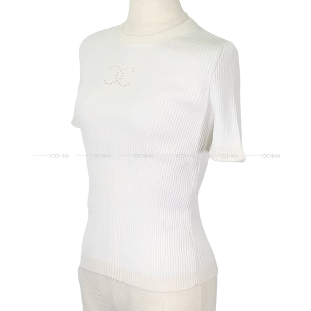 CHANEL Knit Short-Sleeve COCO Mark Blanc (White) Cotton/Reyon #36 P78665[BRAND NEW][Authentic]