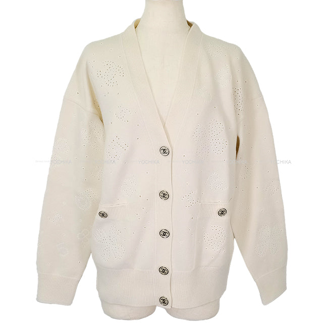 CHANEL Cardigan COCO Mark Flower No.5 Logo Ivory Cashmere #34 Silver HW P74636[EXCELLENT][Authentic]