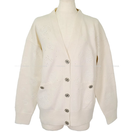 CHANEL Cardigan COCO Mark Flower No.5 Logo Ivory Cashmere #34 Silver HW P74636[EXCELLENT][Authentic]