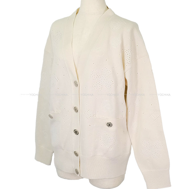 CHANEL Cardigan COCO Mark Flower No.5 Logo Ivory Cashmere #34 Silver HW P74636[EXCELLENT][Authentic]