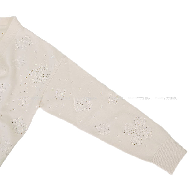 CHANEL Cardigan COCO Mark Flower No.5 Logo Ivory Cashmere #34 Silver HW P74636[EXCELLENT][Authentic]