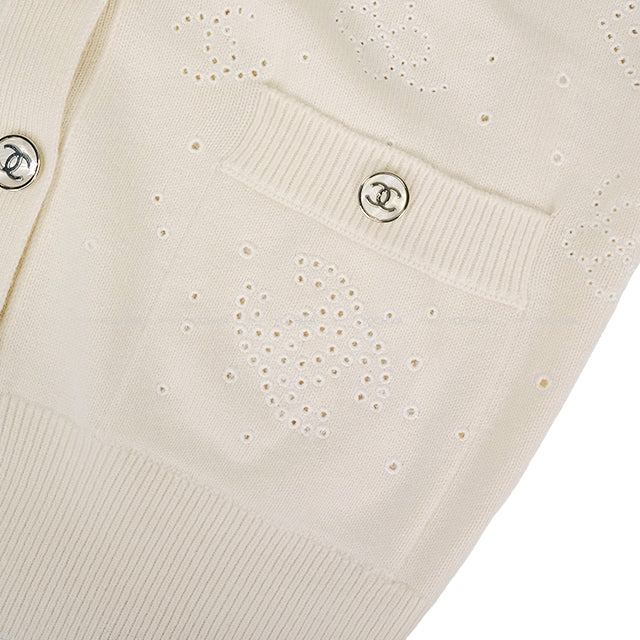 CHANEL Cardigan COCO Mark Flower No.5 Logo Ivory Cashmere #34 Silver HW P74636[EXCELLENT][Authentic]