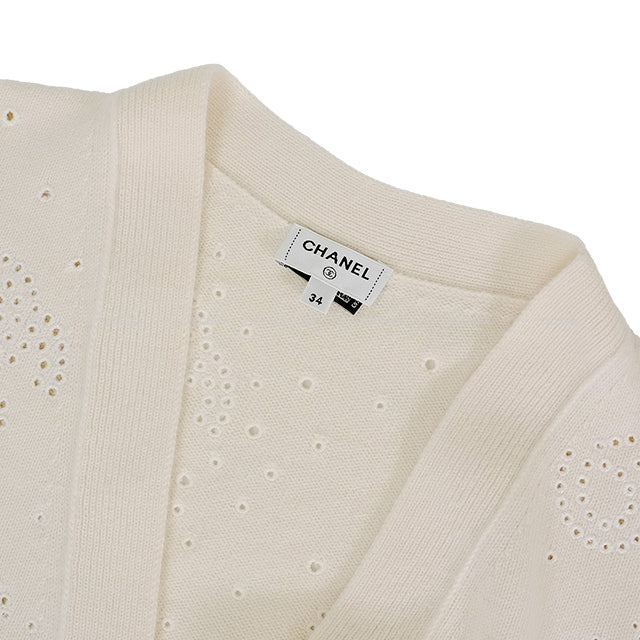 CHANEL Cardigan COCO Mark Flower No.5 Logo Ivory Cashmere #34 Silver HW P74636[EXCELLENT][Authentic]