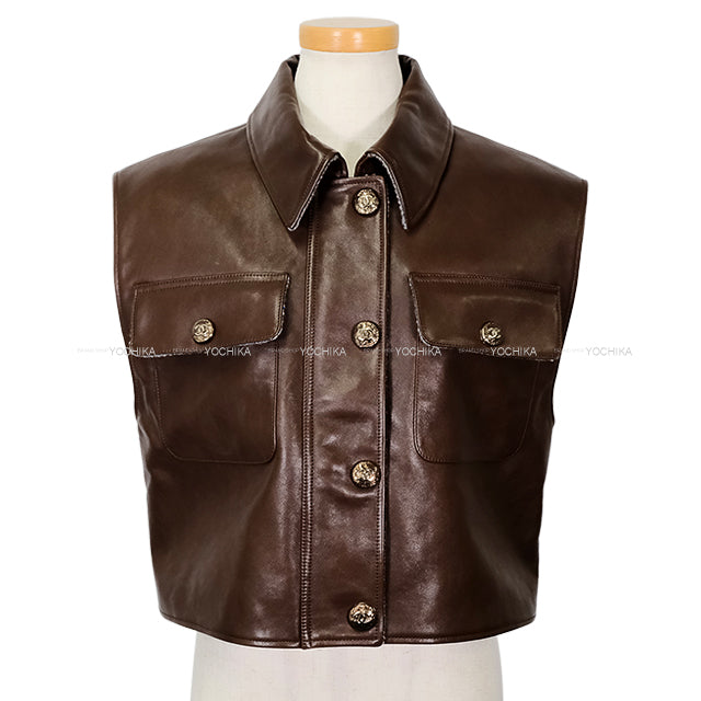 2024AW CHANEL Tailored jacket Leather Vest COCO Mark Buttons Brown Calf #34 Champagne Gold HW P77605[BRAND NEW][Authentic]