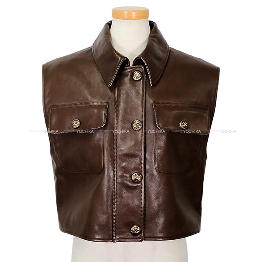 2024AW CHANEL Tailored jacket Leather Vest COCO Mark Buttons Brown Calf #34 Champagne Gold HW P77605[BRAND NEW][Authentic]