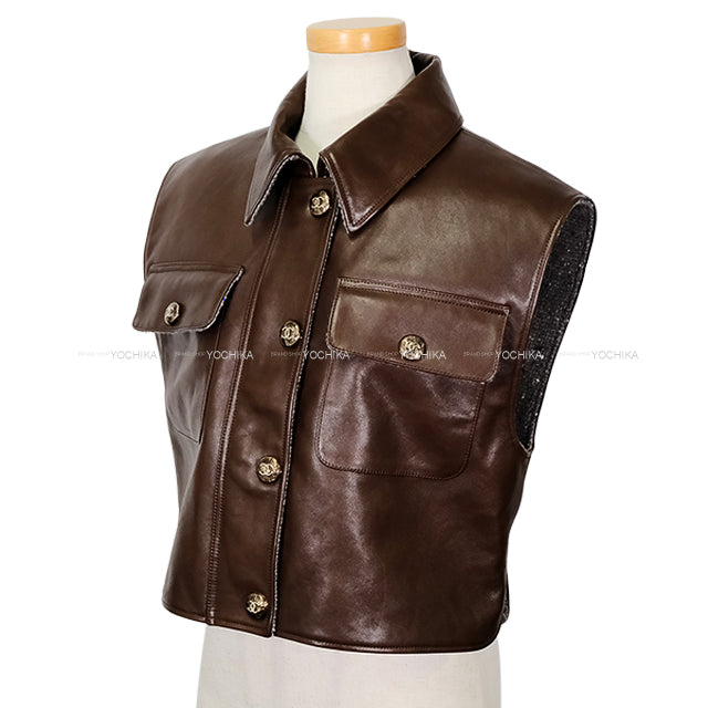 2024AW CHANEL Tailored jacket Leather Vest COCO Mark Buttons Brown Calf #34 Champagne Gold HW P77605[BRAND NEW][Authentic]