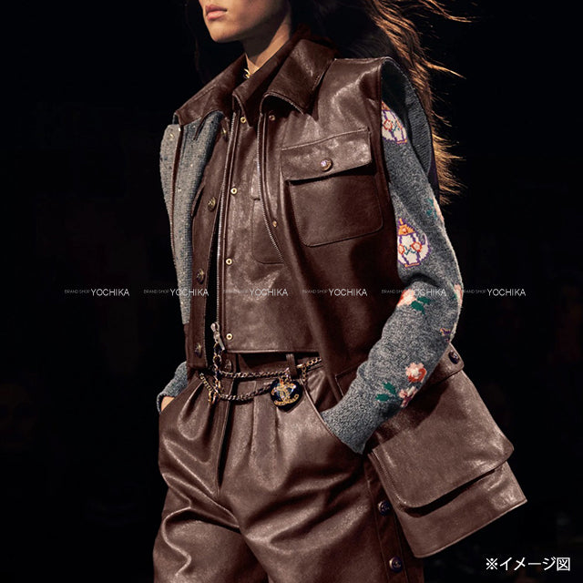 2024AW CHANEL Tailored jacket Leather Vest COCO Mark Buttons Brown Calf #34 Champagne Gold HW P77605[BRAND NEW][Authentic]