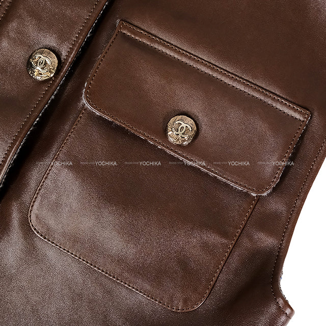 2024AW CHANEL Tailored jacket Leather Vest COCO Mark Buttons Brown Calf #34 Champagne Gold HW P77605[BRAND NEW][Authentic]